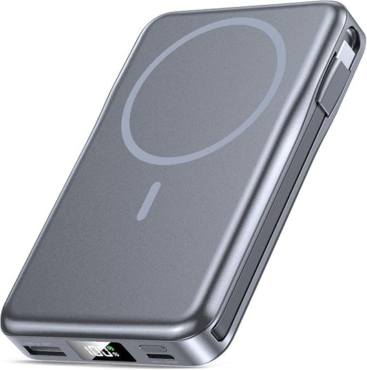 Magnetic Portable Charger, 10000mAh Power Bank, 5 in 1 Portable Charger with Built in Cable, 20W Fast Charging for Magsafe Battery Pack Compatible with iPhone 17/16/15/14/13/12 Pro/Pro Max-SpaceGray