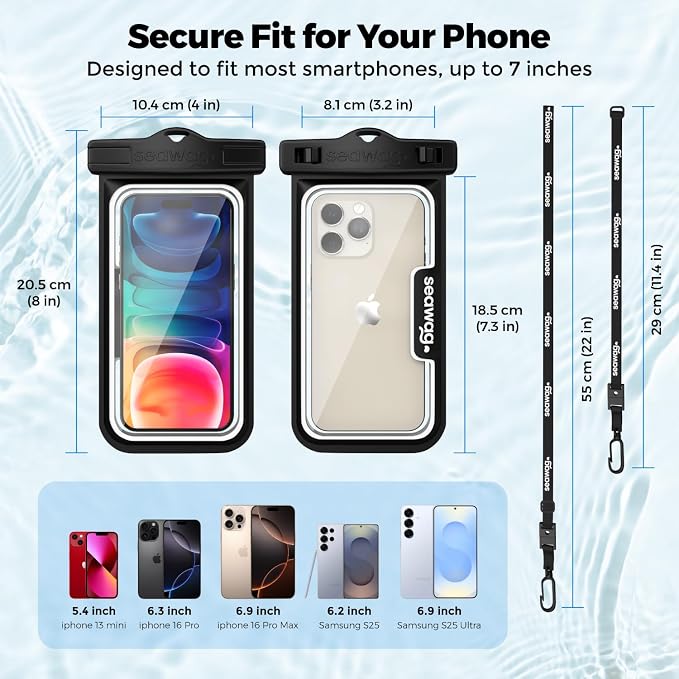 SEAWAG Next Waterproof Phone Case with Lanyard, Floating IPX8 Pouch for iPhone 17 16 Pro Max 15 14 13 12 11 and Samsung Galaxy S25 S24, Beach Cruise Travel Essentials, 2 Pack Black