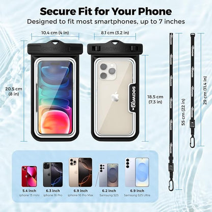 SEAWAG Next Waterproof Phone Case with Lanyard, Floating IPX8 Pouch for iPhone 17 16 Pro Max 15 14 13 12 11 and Samsung Galaxy S25 S24, Beach Cruise Travel Essentials, 2 Pack Black