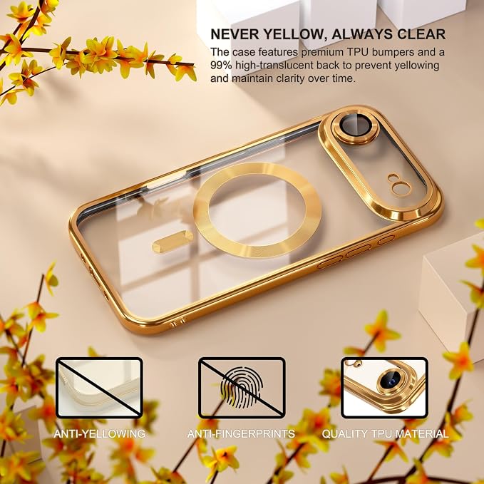 Misea Magnetic for iPhone 17 Air Case Compatible with MagSafe [Never Yellowing] [Military Grade Drop Protection] Full Camera Lens Protector Plating Soft Clear Phone Case for Women, Gold