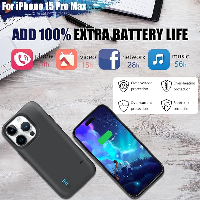 [Upgraded Battery Case for iPhone 15 Pro Max, 6000mAh Rechargeable Extended Battery Charging/Charger Case, Add 100% Extra Juice (6.7 inch) Black