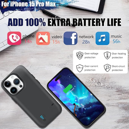 [Upgraded Battery Case for iPhone 15 Pro Max, 6000mAh Rechargeable Extended Battery Charging/Charger Case, Add 100% Extra Juice (6.7 inch) Black