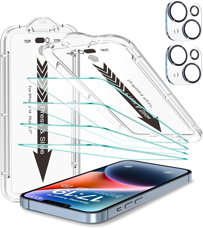 EZ-GLAZ- 4 Pack for iPhone 14 Plus Screen Protector [6.7"] With 2 Pack Camera Lens Protector, 9H+ Hardness 12FT Military Grade Shatterproof Scratch Resistant Durable Tempered Glass Film with Flawless Fit Kit, HD Clear