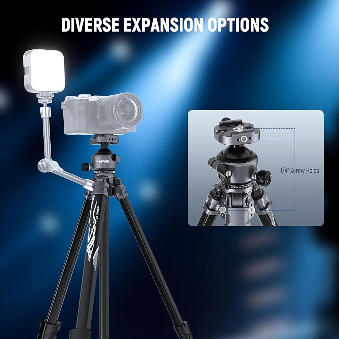 NEEWER LITETRIP LT07 61" Aluminum Travel Tripod Stand for Camera with Pan Tilt Low Profile Ball Head, Arca QR Plate Compatible with PD, Dual Center Axis, Max Load 22lb