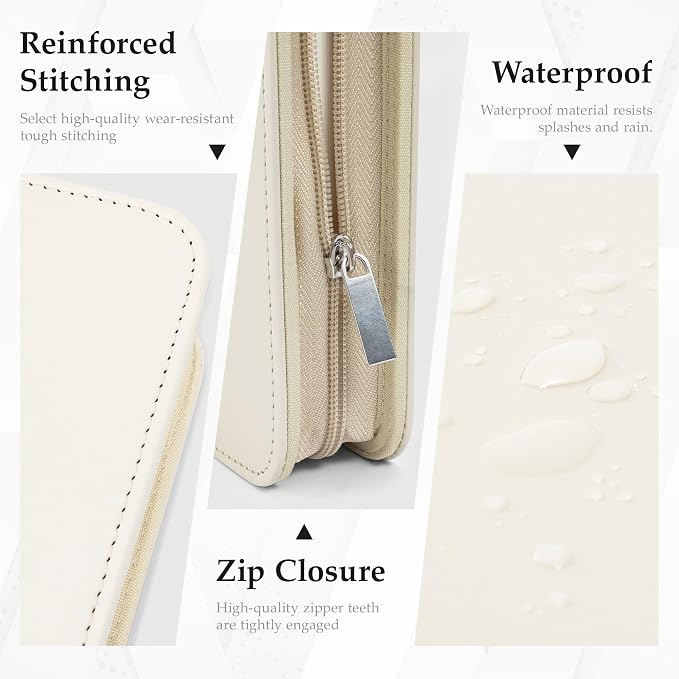 EYROZILL Zippered Leather 3 Ring Binder Organizer with Pockets – Business Portfolio Folder with Card Slots, Phone Holder, Pen Loop (Beige)