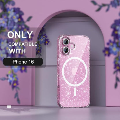 Choiche for iPhone 16 Case Magnetic, Women Clear Glitter Bling Sparkly Case, [2xDiamond Camera Lens Protectors] [2xTempered Glass Screen Protectors] [Compatible MagSafe] 6.1" (Glitter Clear)