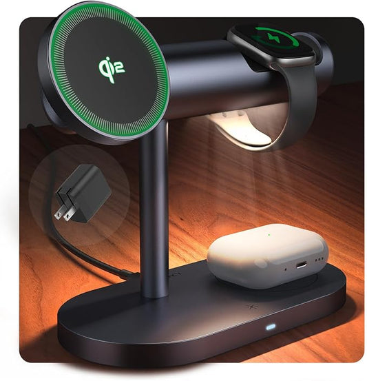 iVANKY 4 in 1 Qi2 Certified Wireless Charger Stand for iPhone 17e, Night Light for MagSafe Charging Station, 25W Charge for iPhone 17/16/15/14/13 Plus/Pro/Max,Apple iWatch, Airpods (with 33W Adapter)