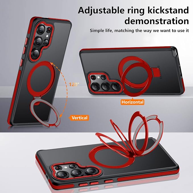 for Samsung Galaxy S25 Ultra Case, Magnetic Adjustable Ring Stand [Fit for Magsafe], [Military-Grade Shockproof Protection] Phone Case for S25 Ultra Case with Kickstand&Ring Holder (Red)