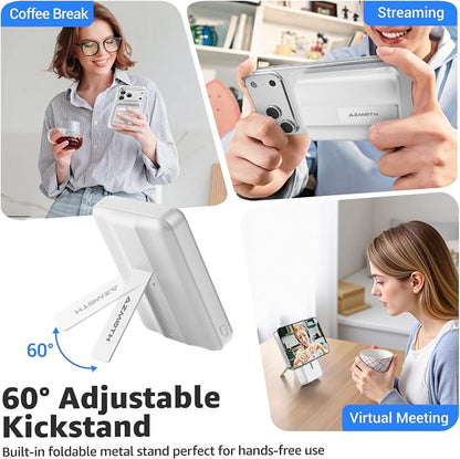 Azmuth Magnetic Power Bank,10000mAh for MagSafe Battery Pack, 22.5W PD Fast Charging,LED Display & Foldable Stand Wireless Portable Charger for iPhone 17/16/15/14/13/12/Pro/Pro Max/Plus,Pearl White