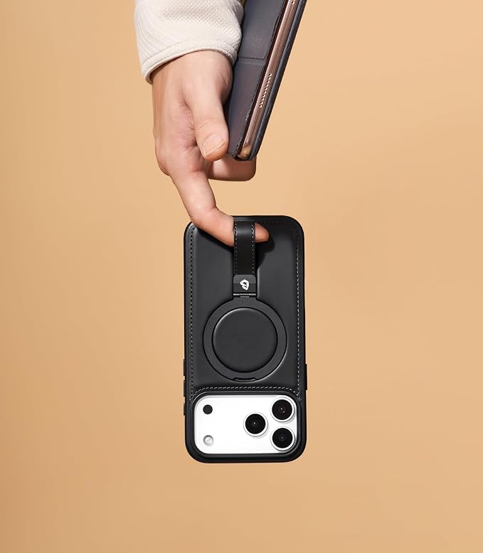 for iPhone 17 Pro Max Leather Case with Stand, Anti-Slip Grip Ring, Fits for MagSafe (Black, iPhone 17 Pro Max)