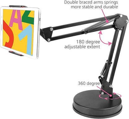 Overhead Phone Mount Stand ChromLives Phone Video Stand Articulating Arm Phone Mount Table Top with Base Adjustable 360° Cell Phone Tablet Holder Mount Desktop Compatible with Phones, Tablets, iPad