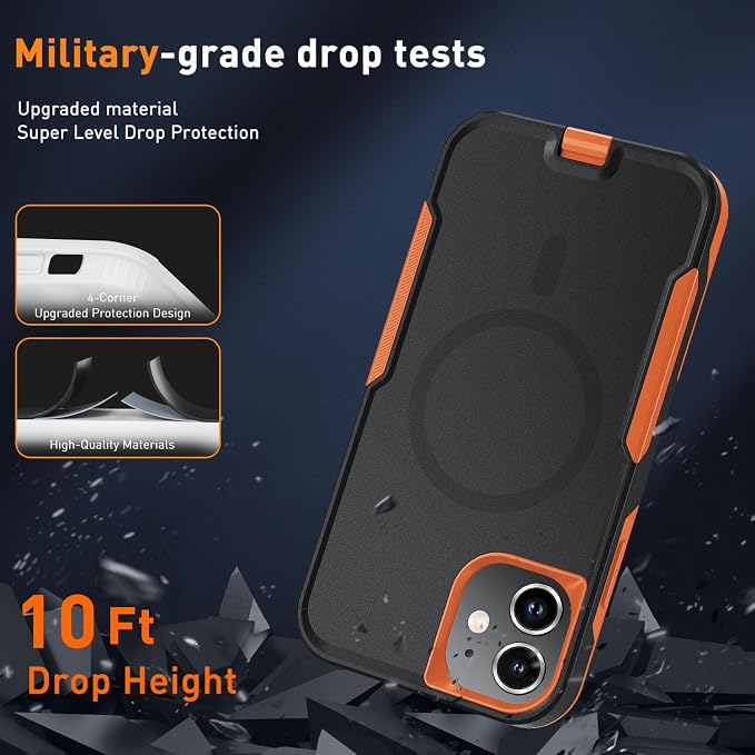 Xmon for iPhone 11 Magnetic Case [Compatible with MagSafe] Tempered Glass Screen Protector with Camera Lens Protector Phone Case Cover for Apple iPhone 11 (Magnetic Black/Orange)