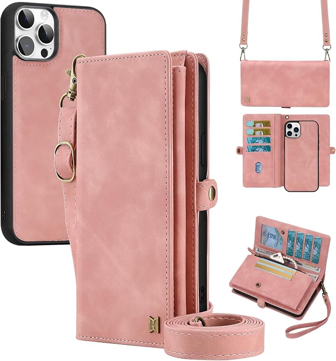 for Wallet Case Compatible with iPhone 12 Pro Max,Multi-Function Detachable 2 in 1 Magnetic iPhone 12 Pro Max Case Wallet,Flip Strap Zipper Card Holder Phone Case with Shoulder Straps (Pink)