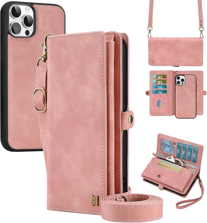 for Wallet Case Compatible with iPhone 12 Pro Max,Multi-Function Detachable 2 in 1 Magnetic iPhone 12 Pro Max Case Wallet,Flip Strap Zipper Card Holder Phone Case with Shoulder Straps (Pink)