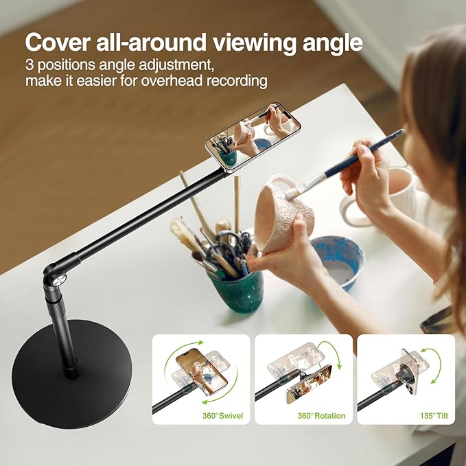 elitehood Magnetic Phone Stand for Overhead Recording, 15 in Long Arm Magsafe iPhone Holder for Video Recording, 360 Swivel Tilt Overhead Phone Mount for Filming, Meeting, Cooking, Painting, Crafting