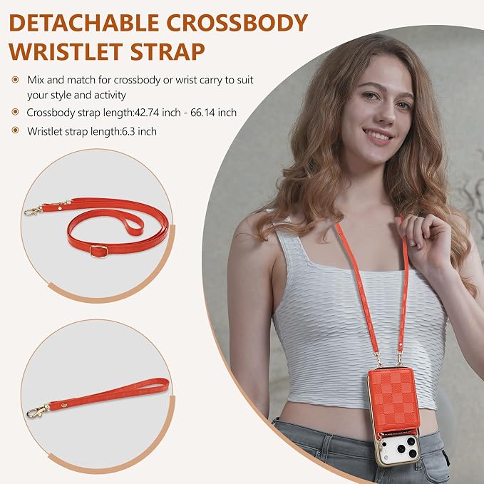 Keallce for iPhone 17 Pro 6.3'' Wallet Case, Crossbody Zipper Purse with 4 Card Slots RFID Blocking, Lanyards & Wrist Straps, Flip Leather Folio Cover with Kickstand for iPhone 17 Pro, Orange