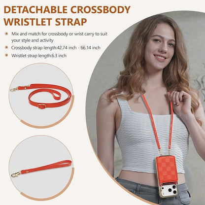 Keallce for iPhone 17 Pro 6.3'' Wallet Case, Crossbody Zipper Purse with 4 Card Slots RFID Blocking, Lanyards & Wrist Straps, Flip Leather Folio Cover with Kickstand for iPhone 17 Pro, Orange