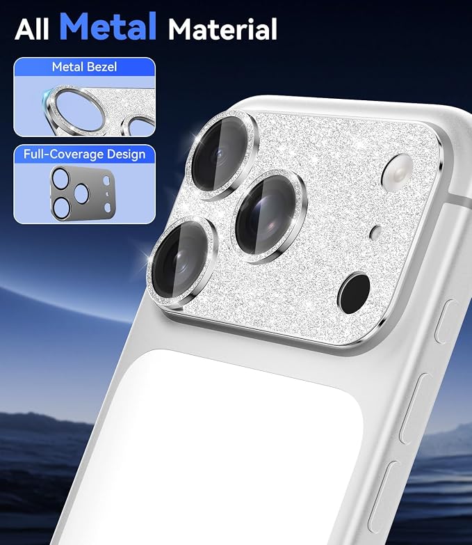 imluckies for iPhone 17 Pro Max Camera Lens Protector Glitter, [ALL Metal] Tempered Glass Shiny Diamond Camera Cover Plate Sparkle Screen Protection, 9H Anti-Scratch & Easy Install, Bling Sliver