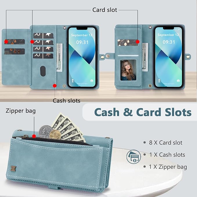 Wallet Case for iPhone 13 with Card Holder/Crossbody Wallet/Strap| RFID Blocking | Magnetic | Kickstand | Detachable | PU Leather Phone Case for iPhone 13,6.1 in,Blue