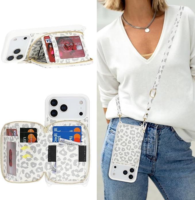 Crossbody Wallet Case for iPhone 17 Pro Max, PU Leather Zipper Handbag Purse Flip Cover, Kickstand Folio Case with Card Slots Holder Wrist Strap Lanyard 5G 6.9 Inch-White Leopard