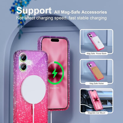 Choiche Magnetic for iPhone 17 Case Compatible with MagSafe, Women Cute Glitter Sparkly Phone Case with Diamond Camera Lens Protectors, Military-Grade Drop Protection 6.3" (Purple/Pink)