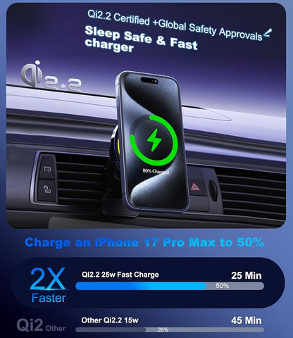 Koolehaoda Qi2.2 25W Car Mount Charger for MagSafe with TEC Active Cooling, Magnetic Wireless Charger Vent Phone Mount with 65W Car Adapter,Stable Fast Charger for iPhone 17-12 Series/Galaxy S26/S25