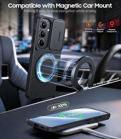 JAME for Samsung Galaxy S26+ Plus Case, Ring Holder Stand Kickstand, Slide Camera Cover with Screen Protector, Dual-Layer Shockproof Protective, Magnetic Accessory Friendly S26 Plus Phone Case, Black