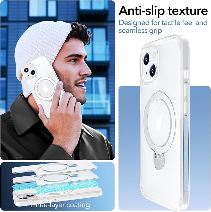 Anqrp 360° All-in-ONE Stand Case for iPhone 14/13 Case with Rotatable Magnetic Kickstand Ring Holder, Compatible with Mag-Safe, MIL-Grade Shockproof iPhone 14/13 Phone Case Cover, Mist Matte Clear