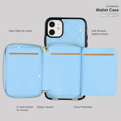 Bocasal Crossbody Wallet Case for iPhone 11, RFID Blocking PU Leather Zipper Handbag Purse Flip Cover, Kickstand Folio Case with Card Slots Holder Wrist Strap Lanyard 6.1 Inch (Blue)