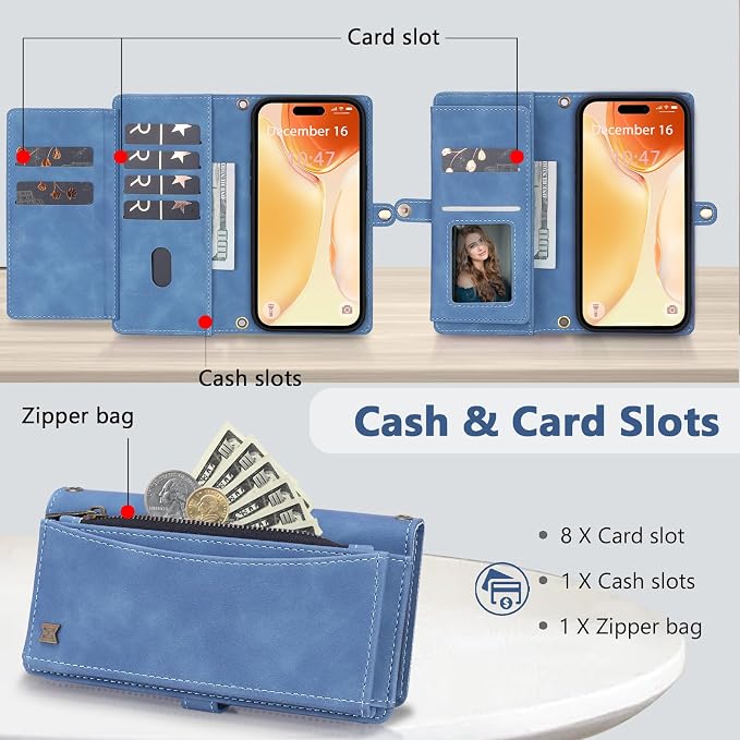 Wallet Case for iPhone 15 with Card Holder/Crossbody Wallet/Strap| RFID Blocking | Magnetic | Kickstand | Detachable | PU Leather Phone Case for iPhone 15,6.1 in,Sky Blue