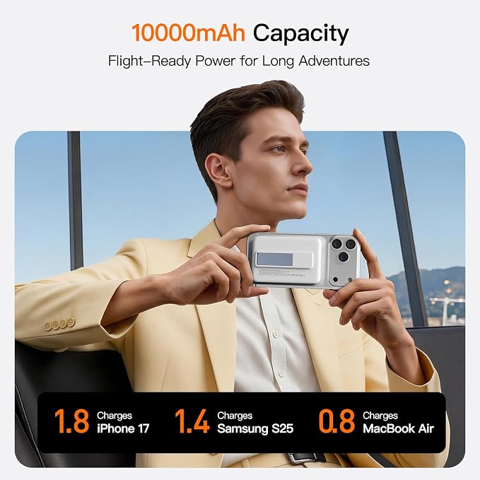No More Forget Cables! 10000mAh Ultra Slim Magnetic Power Bank, Built-in USB-C & iPhone Cable, 20W Portable Charger with Foldable Stand, for iPhone 17/16/15/14/13/12 Series