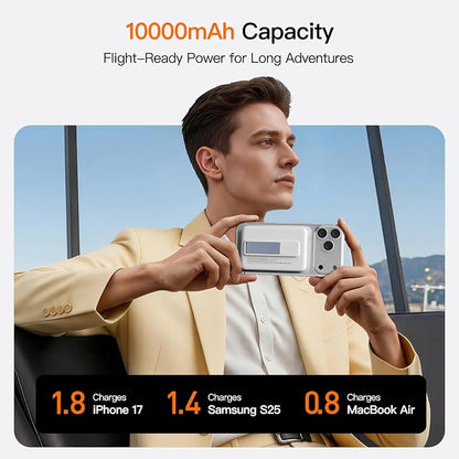 No More Forget Cables! 10000mAh Ultra Slim Magnetic Power Bank, Built-in USB-C & iPhone Cable, 20W Portable Charger with Foldable Stand, for iPhone 17/16/15/14/13/12 Series