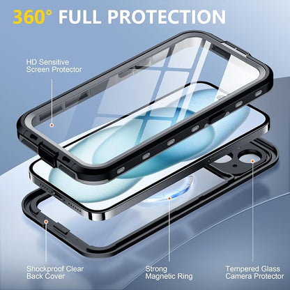 Red2Fire for iPhone 15 Case Waterproof, [Built-in Screen Protector & Camera Protector][Compatible with MagSafe][Full Body Shockproof][IP68 Waterproof][Dustproof] Phone Case 6.1" Black/Clear