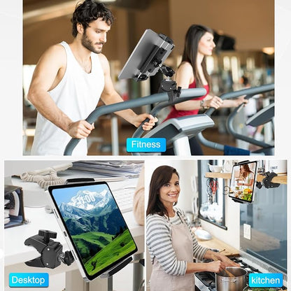 Mic Stand Tablet Holder, 360° Swivel iPad Mic Stand Holder Phone iPad Holder for Mic Stand/ Treadmill/ Spin Bike/ Peloton Exercise Bike Handlebar Mount, Fits 4-12.9" iPad, iPhone, Android Smartphones