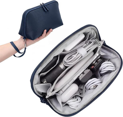 FYY Travel Cable Organizer - 8 Compartments, Lightweight, Water Repellent | With Wrist Strap, Portable Tech Pouch for Cord Charger, Travel and Business Trips Use, Soft Shell Nylon, Navy (Large)