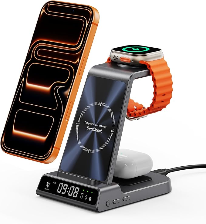 Wireless Charger for Apple Devices, 3 in 1 Wireless Charging Station Dock for iPhone Air/17 Pro Max/17 Pro/16/15/14/13, Apple Watch Charger for iWatch Ulltra 3/11/10/9/8/7/SE, AirPods Pro 3/4/3