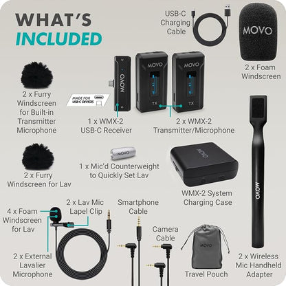 Movo WMX-2-C-DUO Dual USB-C Wireless Lavalier Microphone for iPhone 15/Android/USB C Devices with WMX-HM Handheld Adapter - Lapel Mic with Handle Mount for Content Creators, Interviews, Reporting