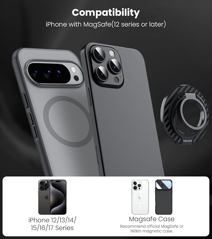 Nillkin MagSafe Phone Grip Ring Holder for Dual-Sided Magnet, Removable Magnetic Phone Ring Holder for iPhone 17/16/Pixel Snap Grip, Carbon Fiber, MagSafe Ring Stand, Accessories for iPhone, Black ﻿