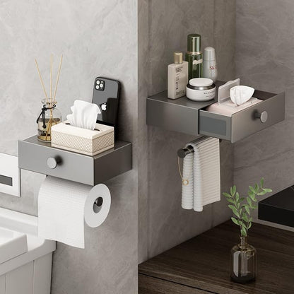VOLDRA Toilet Paper Holder with Shelf Gray Wipes Dispenser for Bathroom Toilet Paper Holder with Storage Upgrade Drawer Design Toilet Tissue Holder Adhesive Small Bathroom Shelf Wall Mount