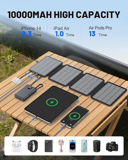 10000mAh Detachable Solar Power Bank, 14W Foldable Solar Charger, 5-Port Fast Charging Portable Battery Pack, Compact & Lightweight for Hiking, Cycling, and Everyday Emergency Power
