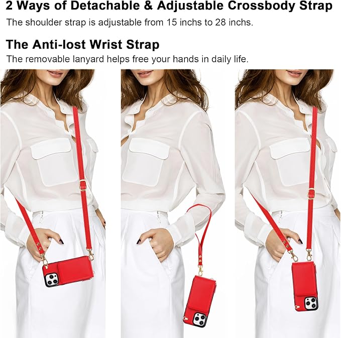 KIHUWEY Crossbody Wallet Case for iPhone 15 Pro Max, Zipper Pocket Case with Card Holder, PU Leather RFID Blocking Protective Cover with Kickstand and Detachable Wrist Strap Lanyard - 6.7" (Red)