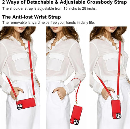 KIHUWEY Crossbody Wallet Case for iPhone 15 Pro Max, Zipper Pocket Case with Card Holder, PU Leather RFID Blocking Protective Cover with Kickstand and Detachable Wrist Strap Lanyard - 6.7" (Red)
