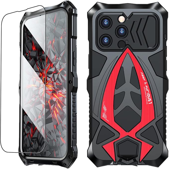 Armor Phone Case for iPhone 14 Pro Max Military Grade Cover 360 Full Protection Heavy Duty Hybrid Metal Bumper Built-in Silicone Shockproof with Screen Protector - Black + Red