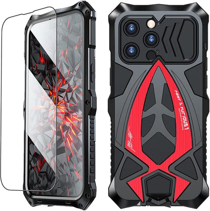 Armor Phone Case for iPhone 14 Pro Max Military Grade Cover 360 Full Protection Heavy Duty Hybrid Metal Bumper Built-in Silicone Shockproof with Screen Protector - Black + Red