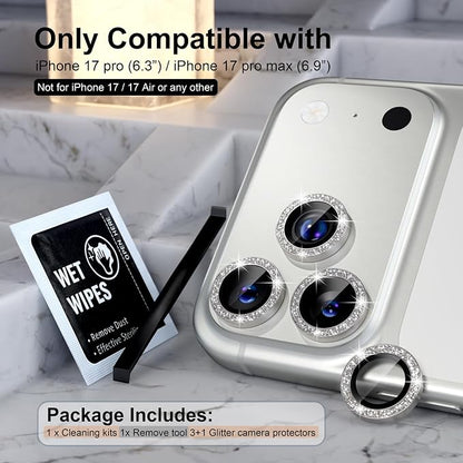 Choiche Compatible for iPhone 17 Pro/iPhone 17 Pro Max Camera Lens Protector Bling, 9H Tempered Glass Camera Cover Screen Protector Metal Ring Decoration Accessories (Glitter-Titanium Natural)