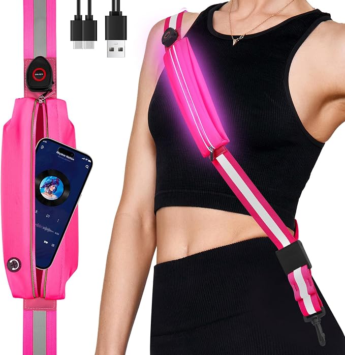 Fitense LED Reflective Belt Sash - 5 Lights Colors & 3 Light Modes High Visibility Night Safety Belt, Rechargeable Light Up Running Gear Adjustable Vest Straps for Runners Walkers Men Women