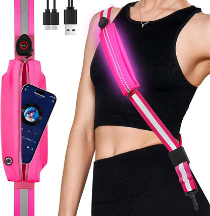 Fitense LED Reflective Belt Sash - 5 Lights Colors & 3 Light Modes High Visibility Night Safety Belt, Rechargeable Light Up Running Gear Adjustable Vest Straps for Runners Walkers Men Women
