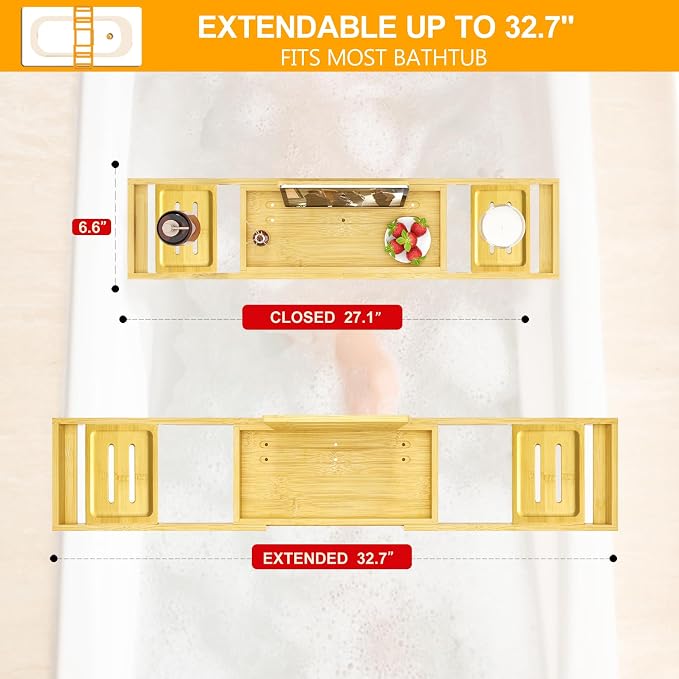 Premium Bathtub Tray - Expandable Bamboo Wooden Bath Trays for Bathub - Bath Tub Table Tray for Bathtub/Tub,Adjustable Size, Fits Most Tubs
