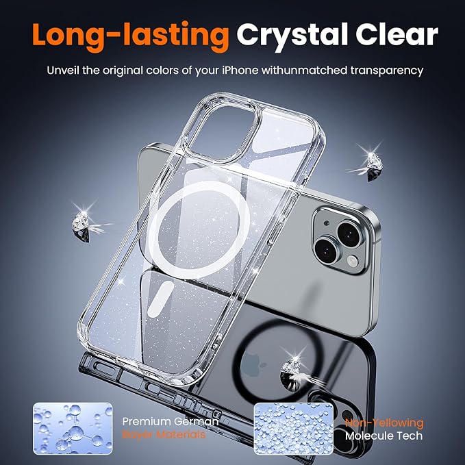 3 in 1 for iPhone 15 Case Clear with MagSafe, Not Yellowing, Screen Protector*1 Camera Lens Protector*1, Military-Grade Protection for iPhone 15 Phone Case 6.1 inch Clear Glitter