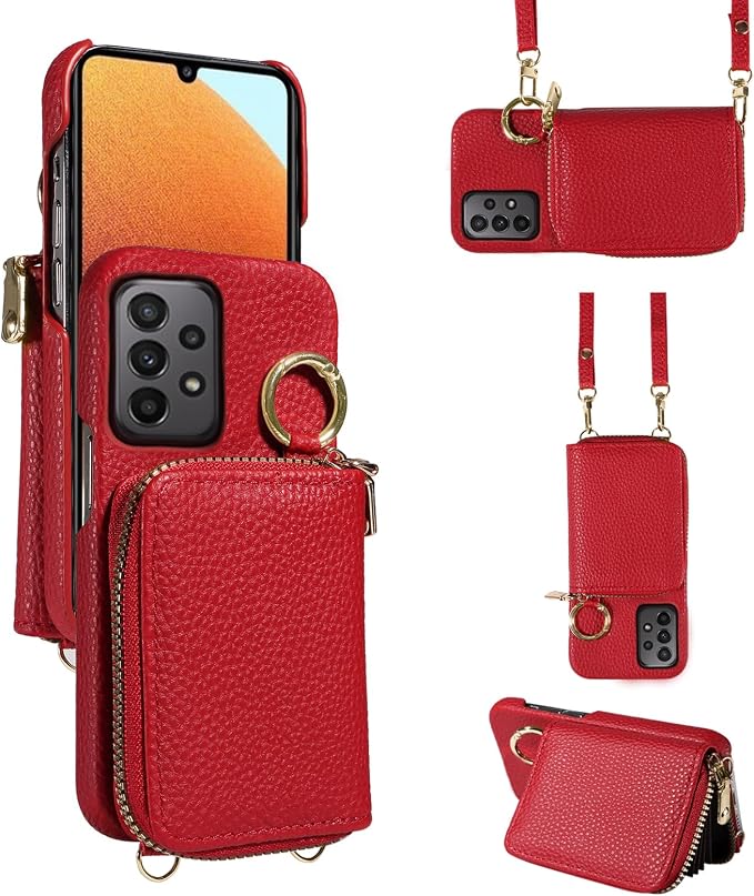 Wallet Case for Samsung Galaxy A32 5G 2021 6.5 inch with Shoulder Strap Ring Buckle, Zipper Flip Organ Purse, Credit Card Holder Stand Phone Cover for M32 G5 A 32 32A S32 SM-A326U A326U Red